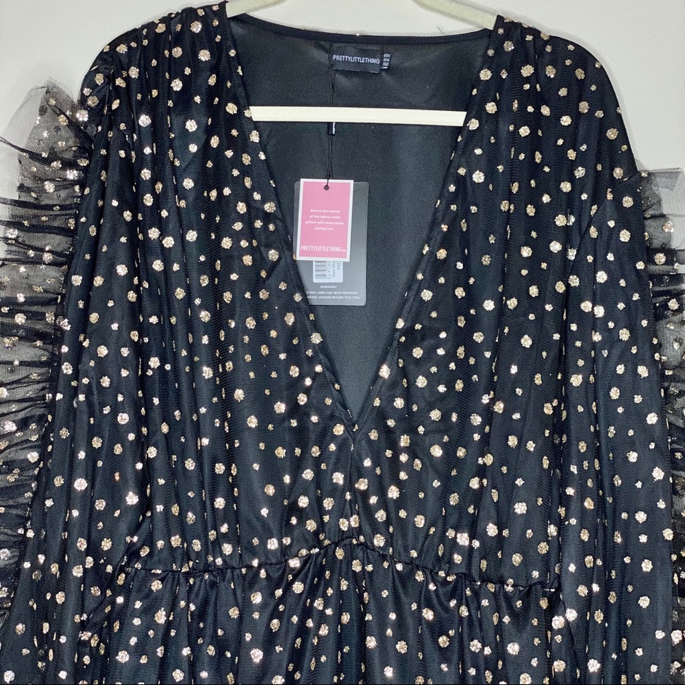 PrettyLittleThing Black and Gold Polka Dot Mini Dress - Picture 4 of 8